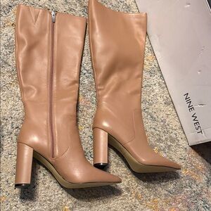 Nine West Women's Danee Pointed Toe Knee High Tan Nude Real Leather Size 9 M NIB